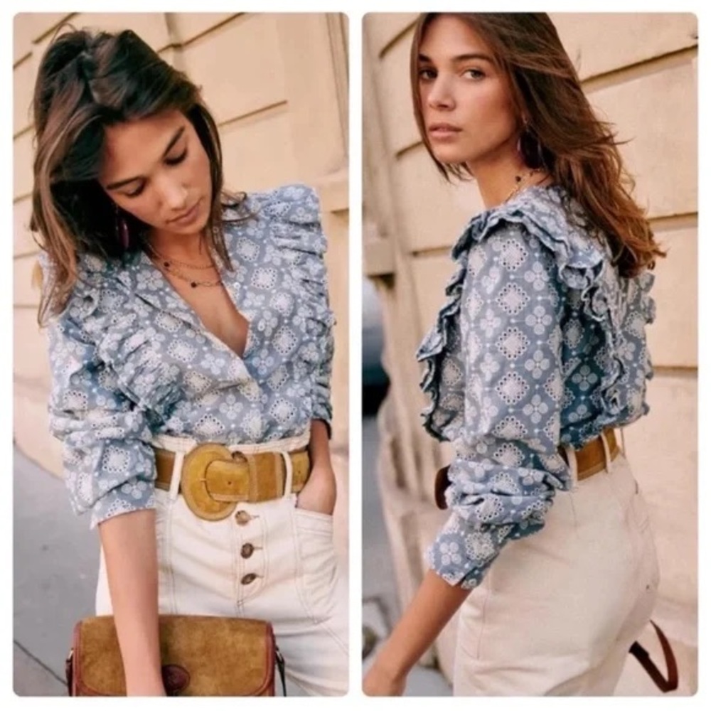 Sezane Boby Embroidered Blue blouse